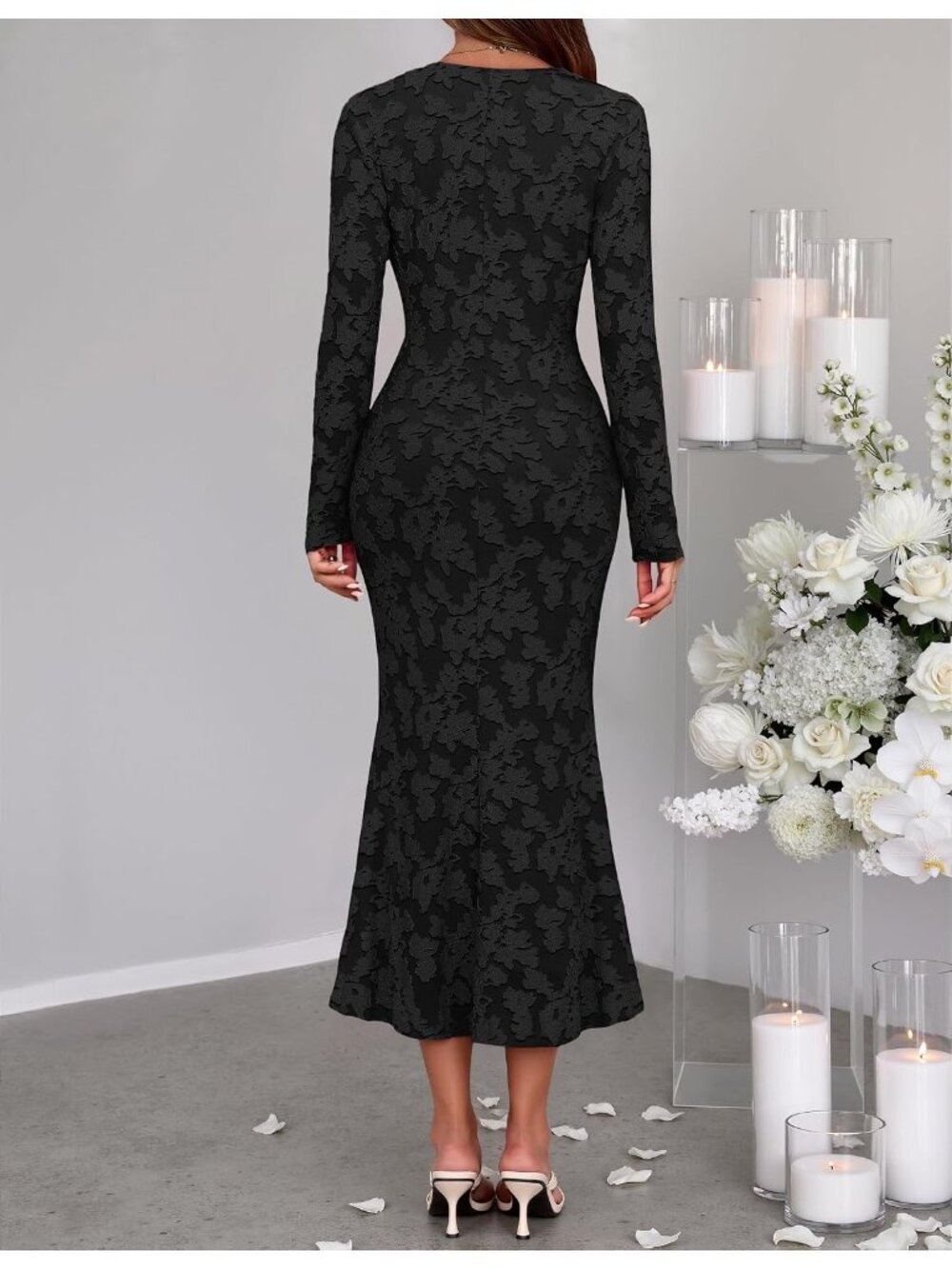 〽️Women’s Black Floral Maxi Dress Wrap V Neck Ruched Waist Long Sleeve Party - Picture 4 of 6